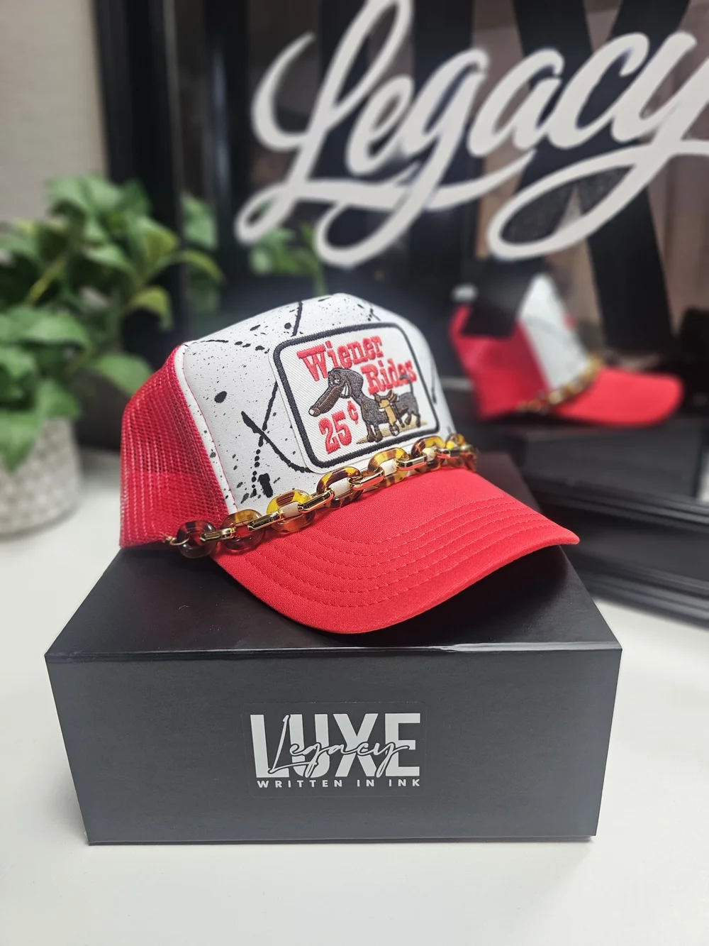 Custom Wiener Rides Red & White Trucker Hat with Tortoiseshell Chain